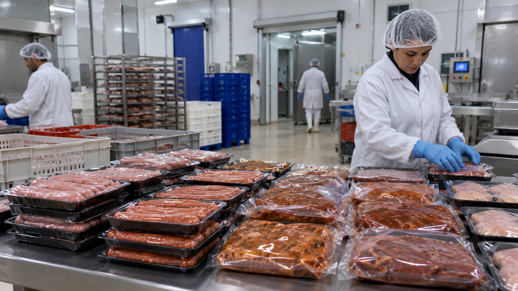 Produits carnés et saucisses conditionnés en salle blanche certifiée prêts pour la distribution